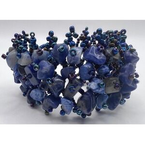 Sodalite Chip Wrap Bracelet Blue Boho Statement 7"‎ Wide Cuff